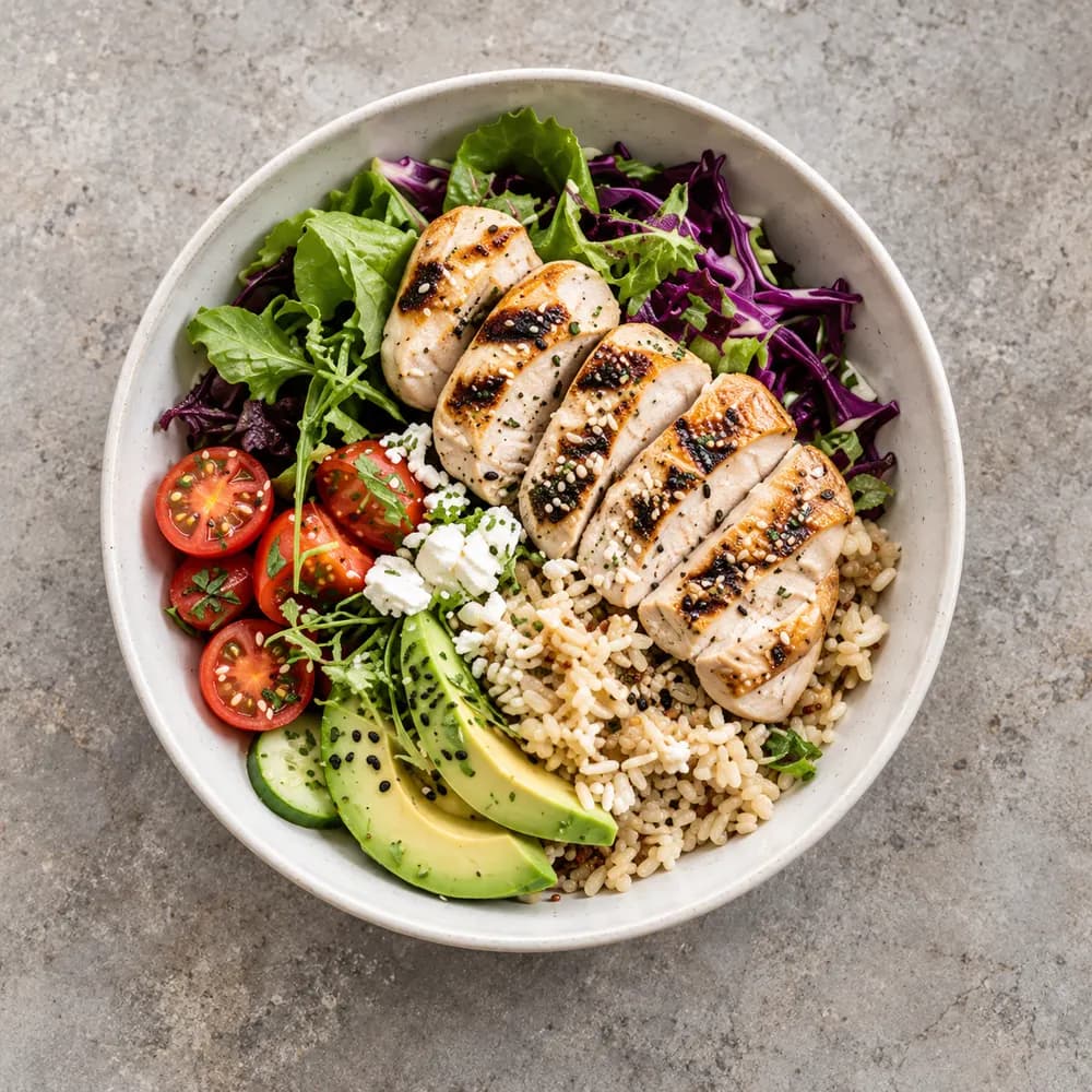Eine Bowl mit Hähnchen, Quinoa und Avocado im LeanFood-Scanrahmen.